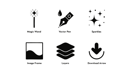 Original icon sheet with a magic wand, pen nib, sparkles, frame, layers, and download arrow
